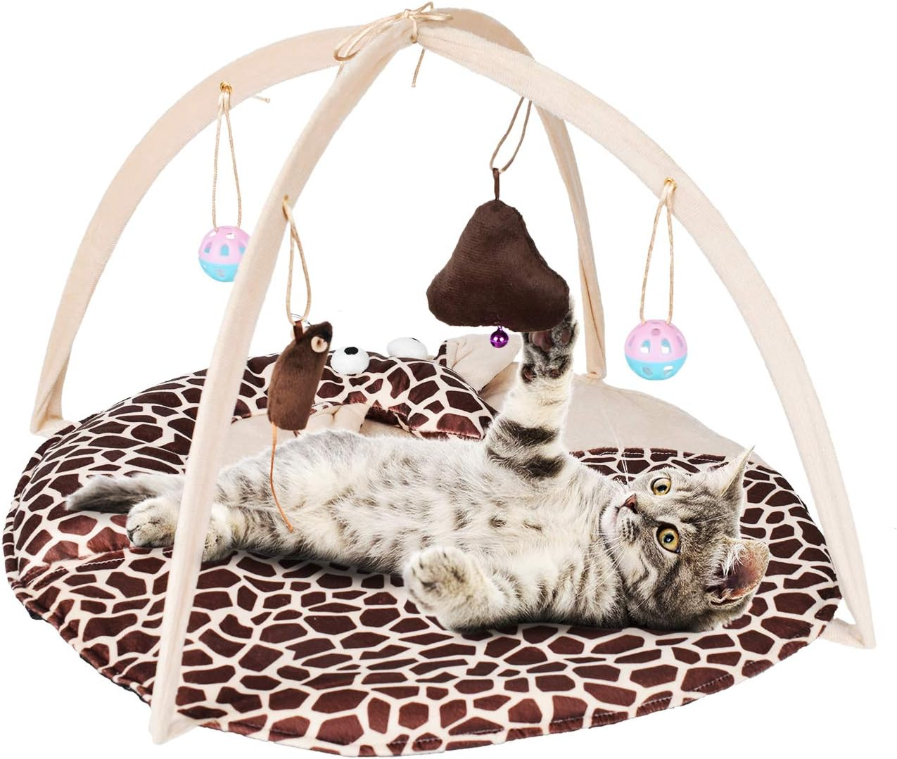 Petbonus Cat Play Mat, Cat Activity Center with Interactive Hanging Toys, Bell Ball, Mice Toy for Cats, Kitten, Kitty (Giraffe) image number 3