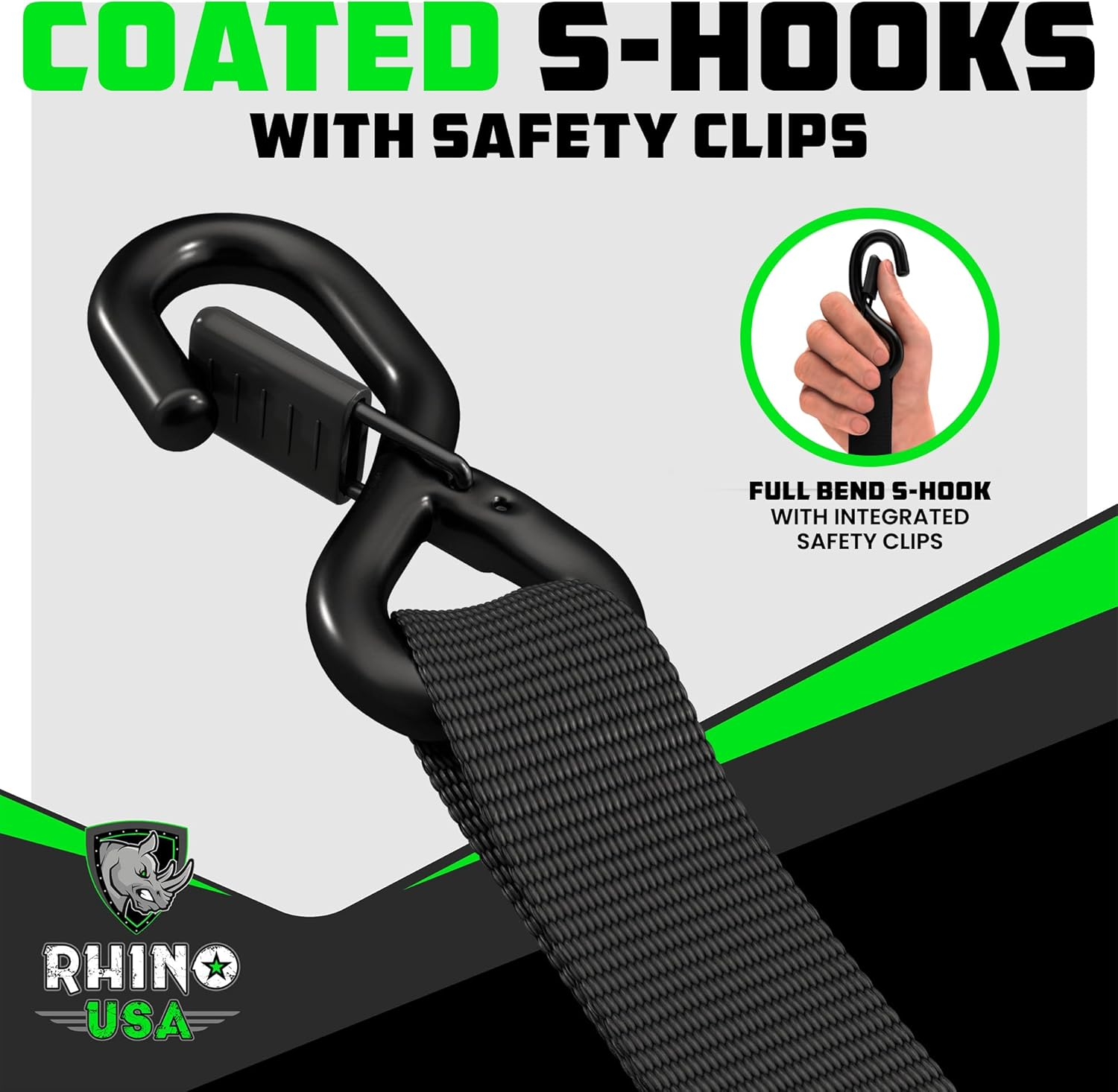 Rhino USA Ratchet Straps Heavy Duty Kit (4-Pack) - 1.6 Inch X 8 Feet (5,208Lb Break Strength) - Ultimate Tie down Straps with Safety S Hooks for Trucks, ATV, UTV, Motorcycle, Cargo & More - Black