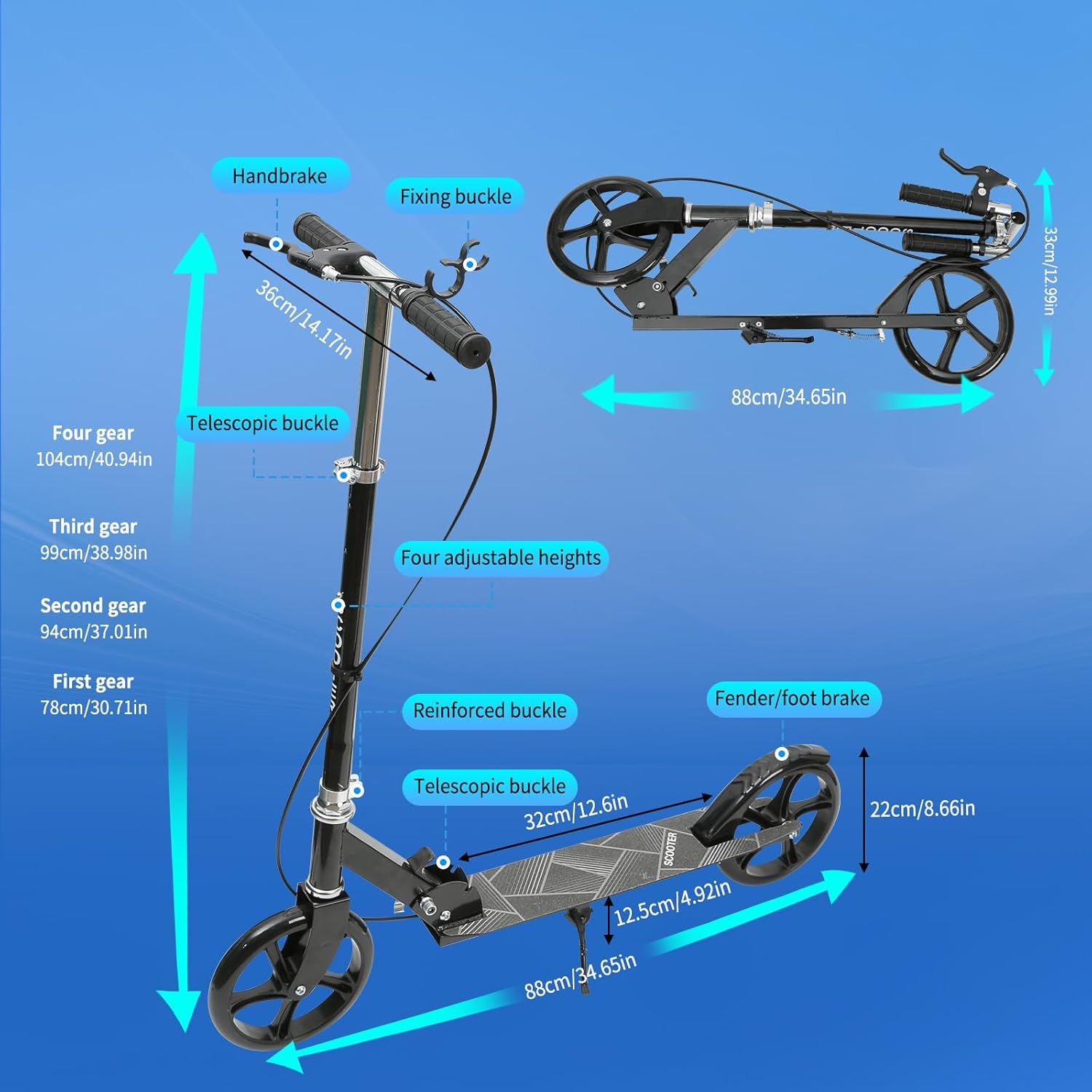 Joywoof Foldable Scooter for Kids Ages 8+ Height Adjustable with 8" Big Wheels, Portable Scooters for Adult Teenagers Kids Riders up to 250 Lbs Black image number 3