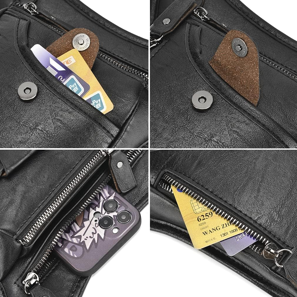 Vintage Leather Waist Pack Drop Leg Bag for Men Belt Hip Bum Bag (Black, 15 * 4 * 23Cm) image number 3