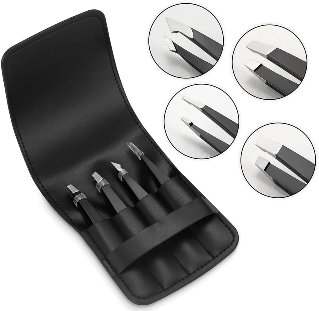 Idopick 4 Pack Tweezers Set, Professional Stainless Steel Tweezers for Eyebrows Great Precision for Facial Hair, Splinter and Ingrown Hair Removal with Leather Travel Case,Black image number 4