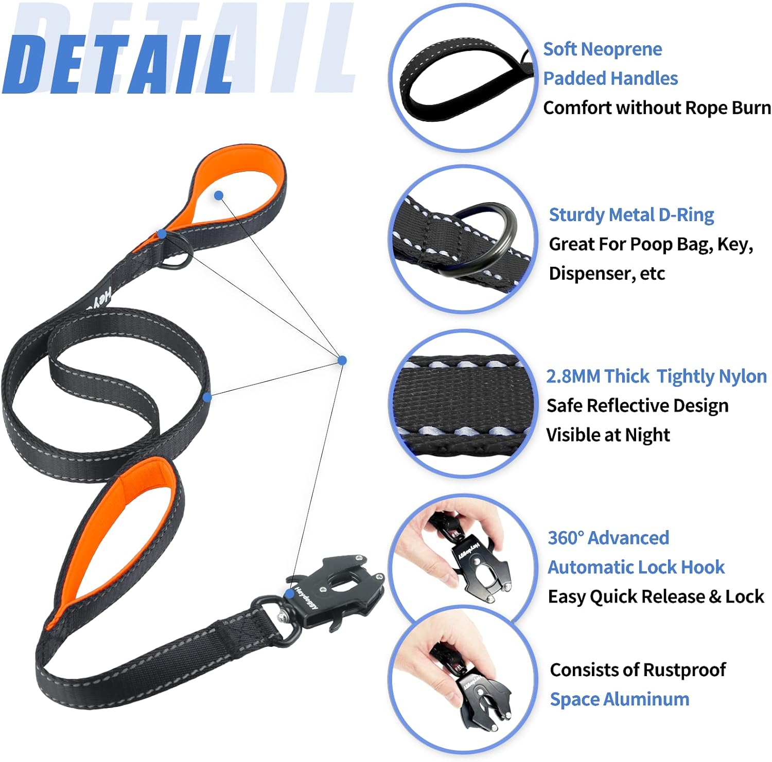 Strong Heavy Duty Dog Leash - 4Ft Reflective Nylon Training Leash with Soft Padded Double Handle & Auto Lock Frog Clip - Safety Traffic Control for Large Medium Small Dog No Pull Walk Black Orange,4Ft image number 3