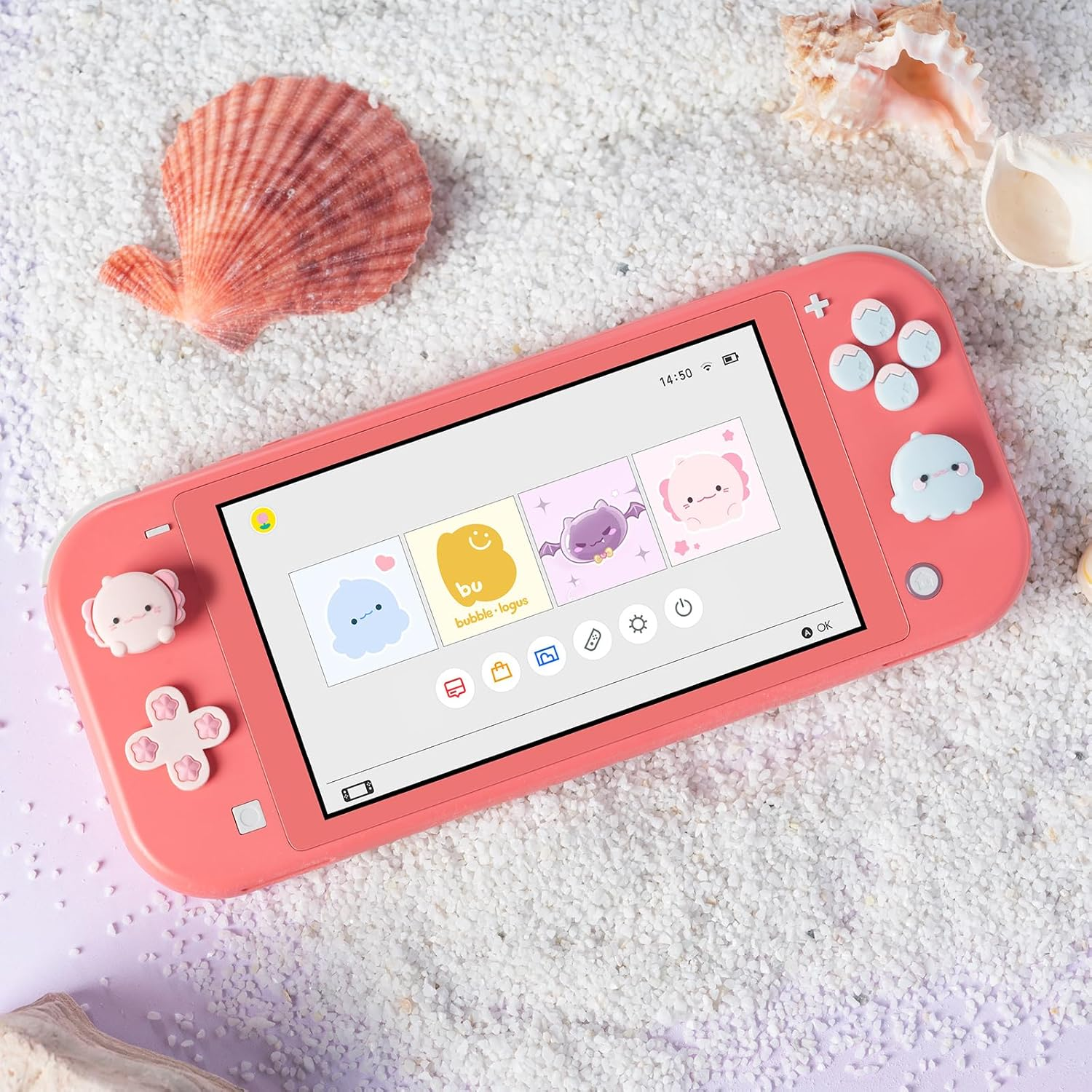 BUBBLELOGUS Soft Silicone ABXY Key Buttons Sticker Joystick Cover, Cute Cross D-Pad Button Caps Thumb Grips Set for Nintendo Lite Controller - Ocean Friends image number 1