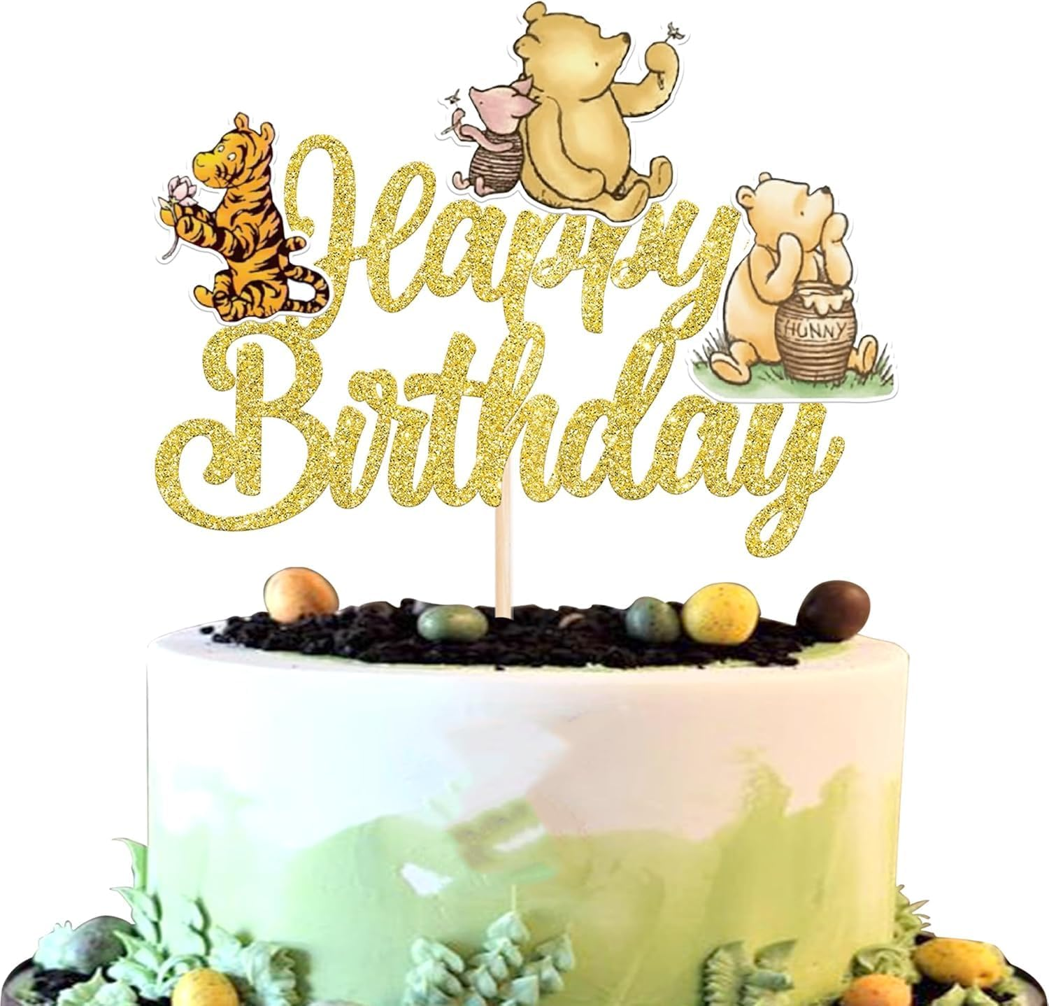 SYKYCTCY 1 Pack Winnie Happy Birthday Cake Topper Glitter Classic Birthday Cake Pick Cute Winnie Bear Cake Decorations for Baby Shower Bridal Shower Kids Birthday Party Supplies (Rosegold)