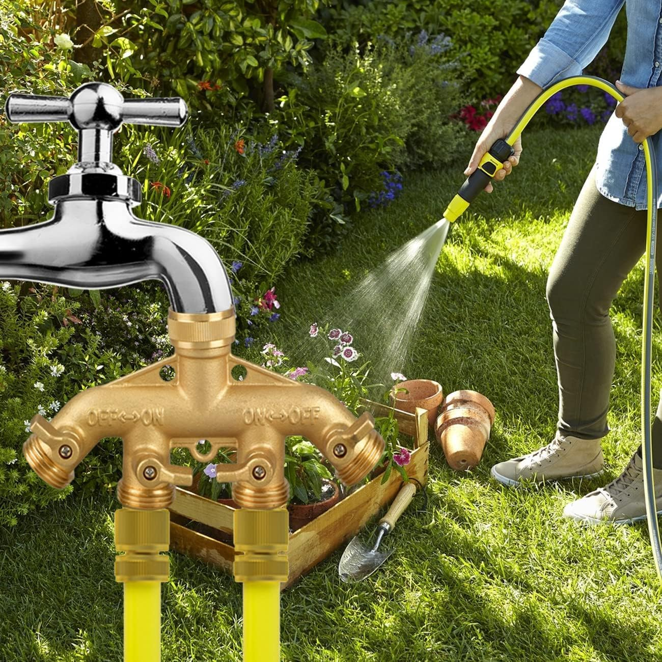 Garden Hose Splitter 4 Way, 3/4" Water Splitter with 8 Gaskets and Seal Tapes, 4 Way Independent Valve Heavy Duty Bronze Body Garden Hose Connector for Gardens, Home Life, Household Use image number 1