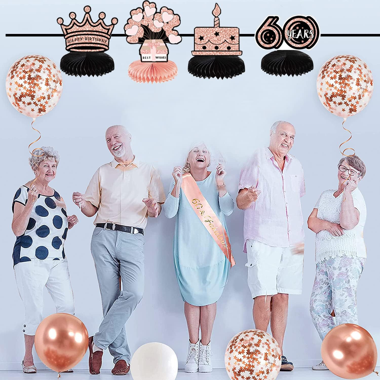 10 Pcs Happy 60Th Birthday Party Centerpieces Party Packs Honeycomb Table Decorations with Rose Gold Cake Topper for 60Th Birthday Decorations image number 2