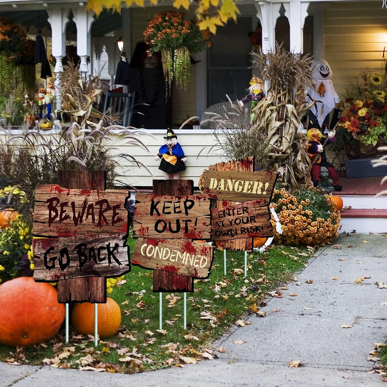 Halloween Decorations Outdoor Beware Yard Signs Stakes, Creepy Warning Blood Signs with Stakes for Halloween, Halloween Party Decor, Scary Zombie Vampire Grave Halloween Decoration image number 3