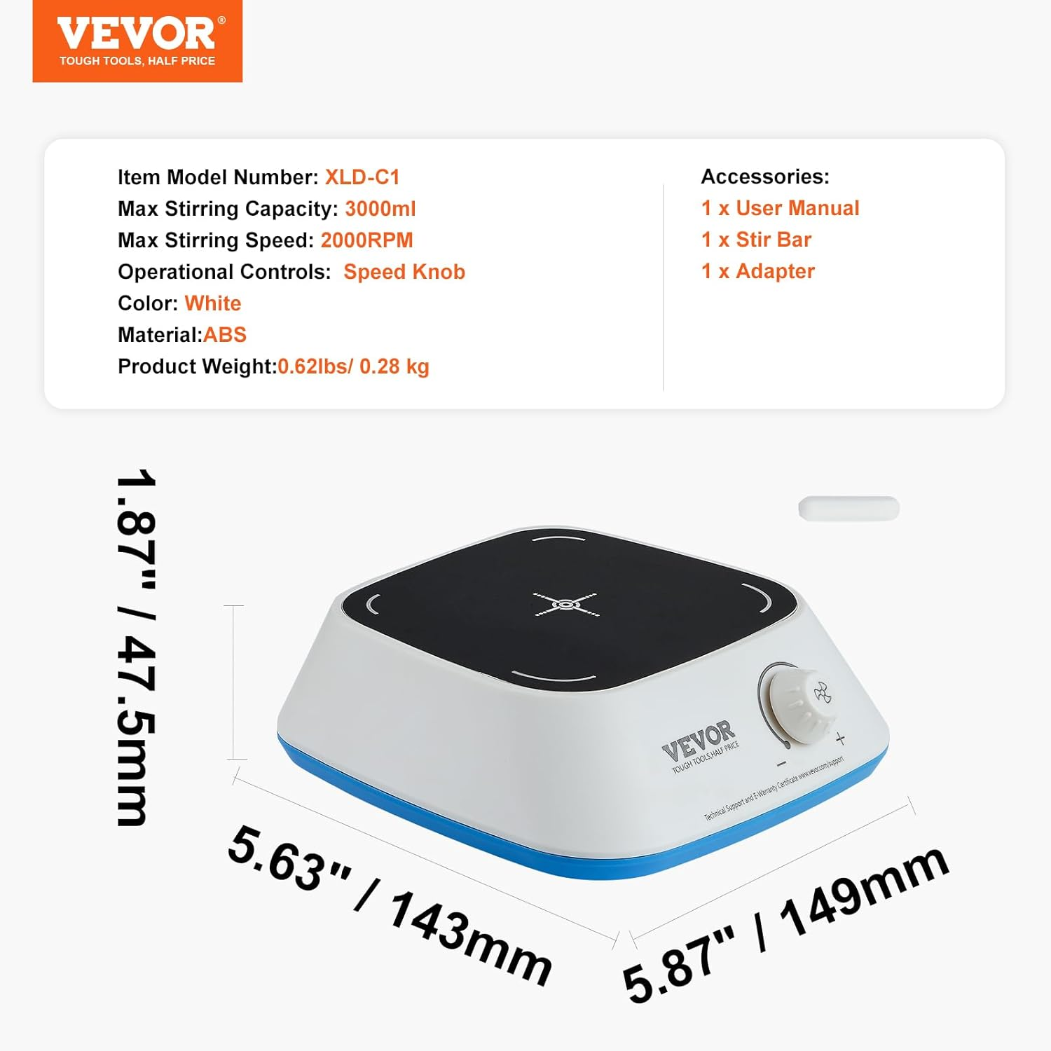 VEVOR Magnetic Stirrer, 0-2000 RPM Stir Plate with Adjustable Speed Knob, 3000Ml Plate Stirrer Kit, Stir Bar Included image number 1