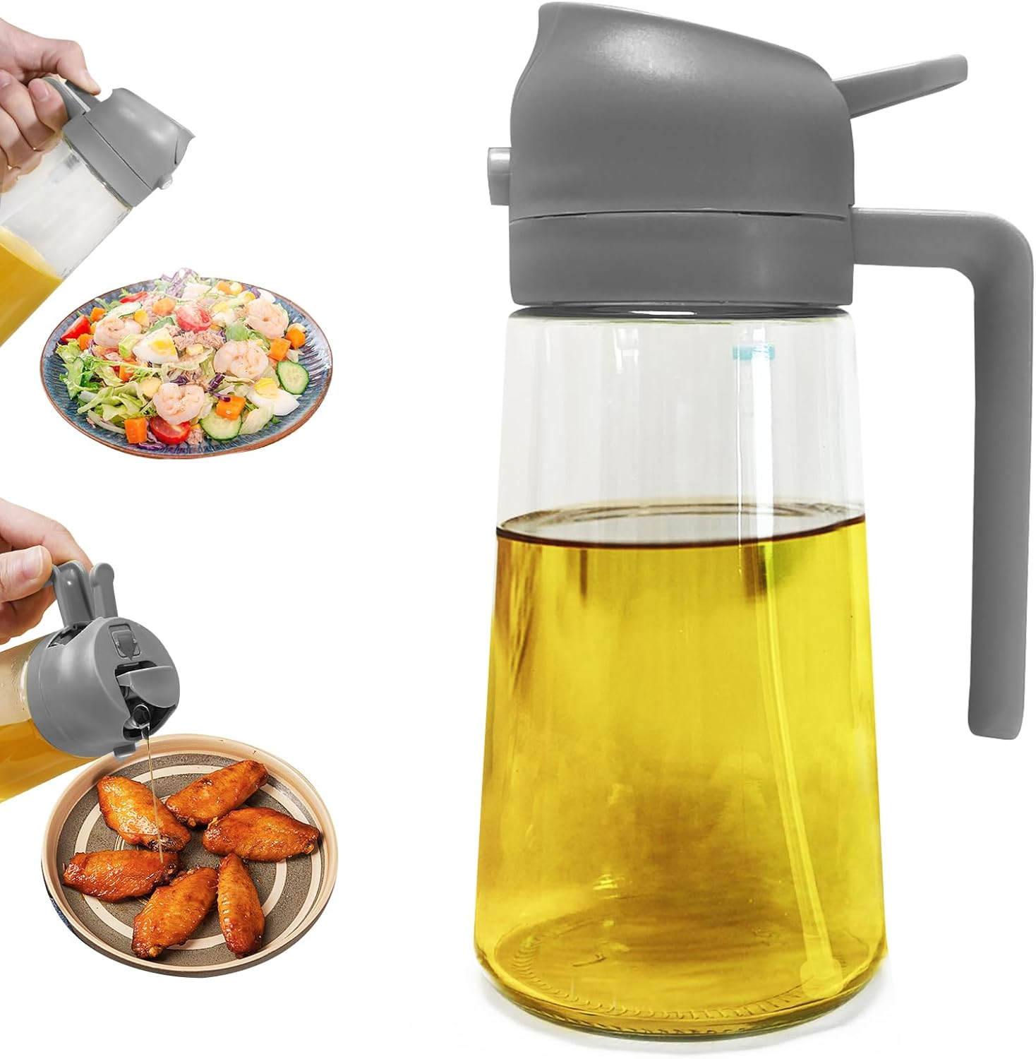 Spray Bottle, 470Ml Dual-Use Glass Oil Spray Bottle - Effortless, Drip-Free, and Easy to Clean (White)