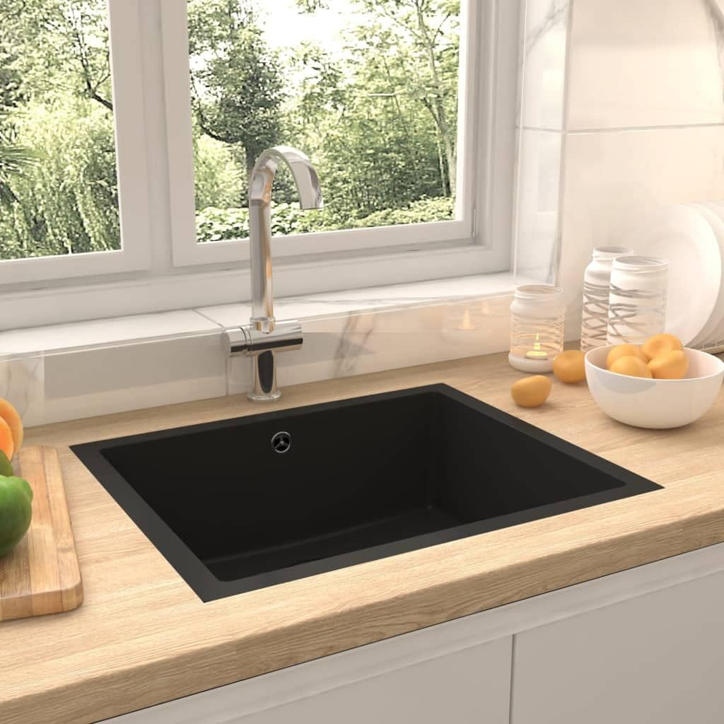 'Vidaxl Granite Kitchen Sink - Extra-Deep, Single Basin, Scratch & Impact Resistant with Basket Strainer, Suitable for Top or under Mounting - Black - White image number 7