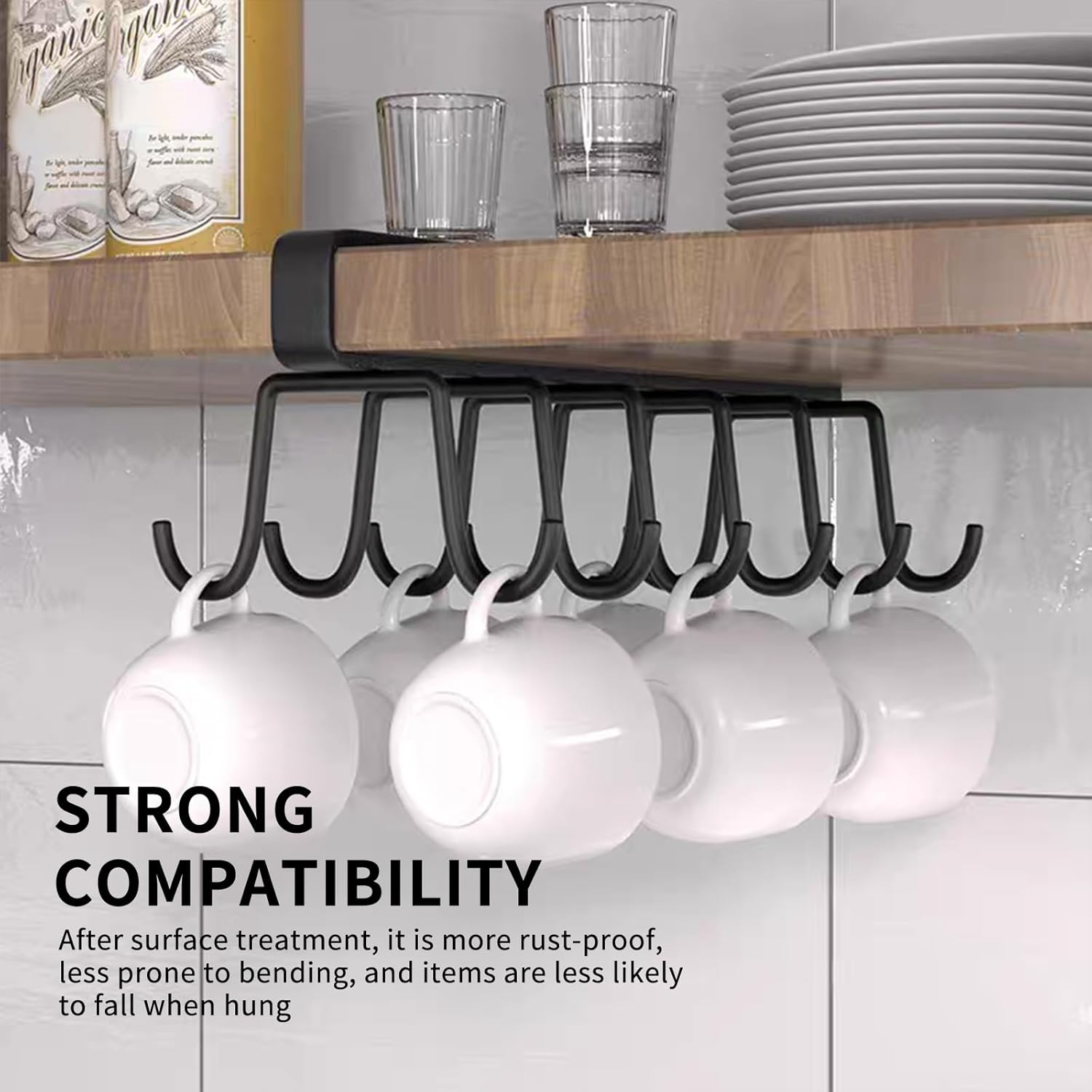 Fwqofvk 2Pcs Iron Shelf Mug Hanger with 12 Hook, Stable Hanging Cup Hook Organizer Rack, under Cabinet Double Row Mug Rack No Nail for Bathroom Kitchen 25.5&times;8&times;7Cm image number 1