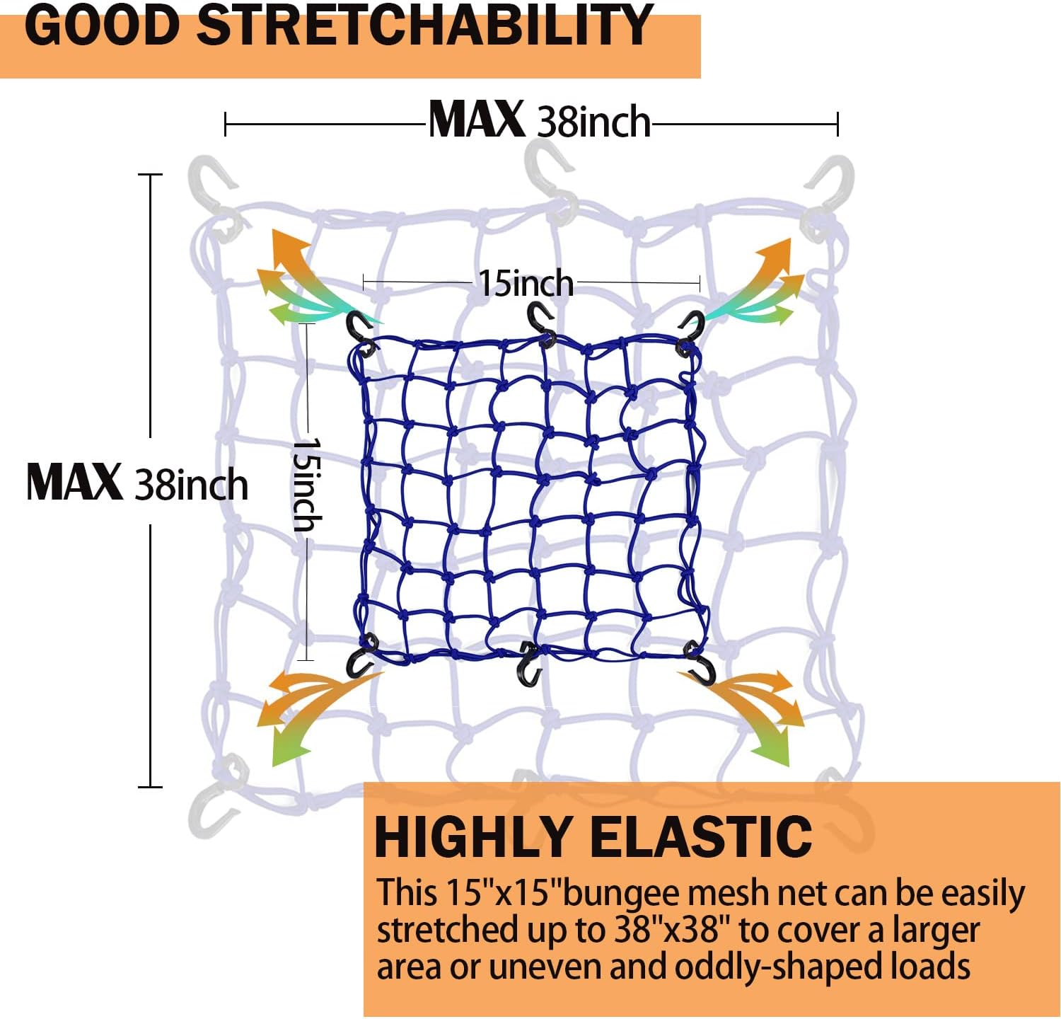 Small Cargo Net 15"X15" Stretches to 30"X30" with Thicken Hooks | Natural Latex Core, Tight 2&rdquo;X2&rdquo; Mesh Heavy Duty Bungee Net for Motorcycle Helmet, Bike, ATV, UTV, Luggage image number 5