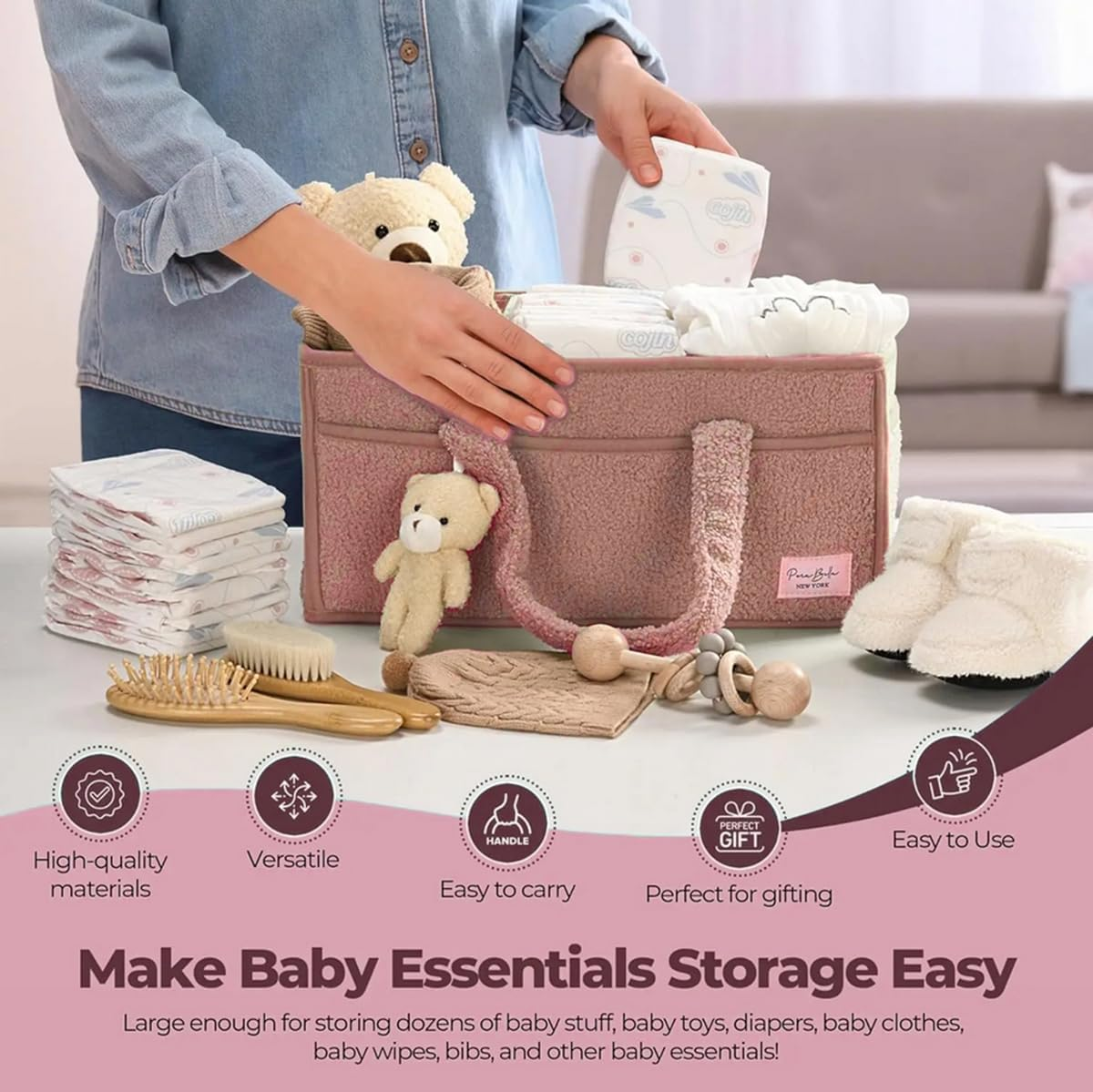 Baby Diaper Caddy Baby Storage Basket for Diapers Wipes Portable Newborn Shower Basket Gifts Storage Changing Wipes Bag image number 2