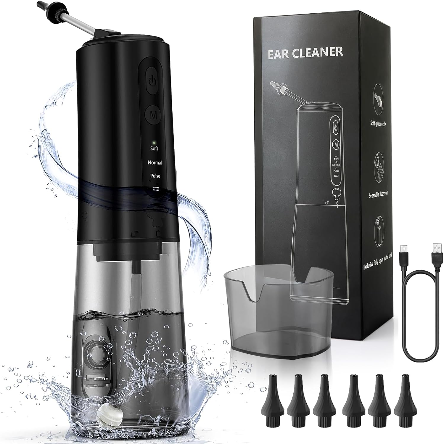 Kisfam Ear Cleaner Ear Wax Removal, Ear Wax Cleaner with 6 Reusable Replacement Tips and 3 Water Pressure Modes, Safe Electric Ear Wax Removal Tool, IPX7 Waterproof USB-C Rechargeable Black image number 5