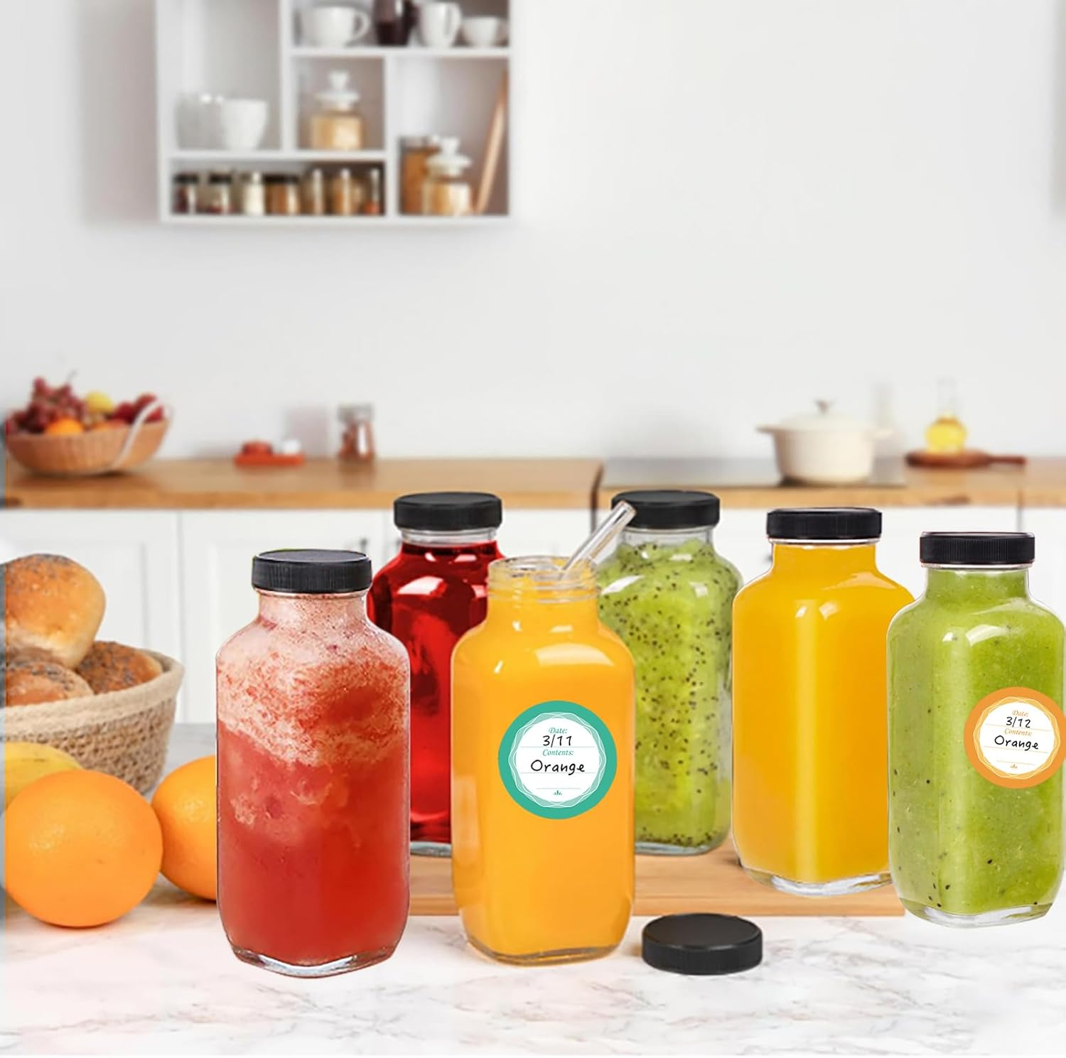 Glass Juice Bottles 12Oz, 6 Pack Reusable Glass Water Bottles with Labels and Lids, BPA Free Homemade Beverages Bottle image number 4