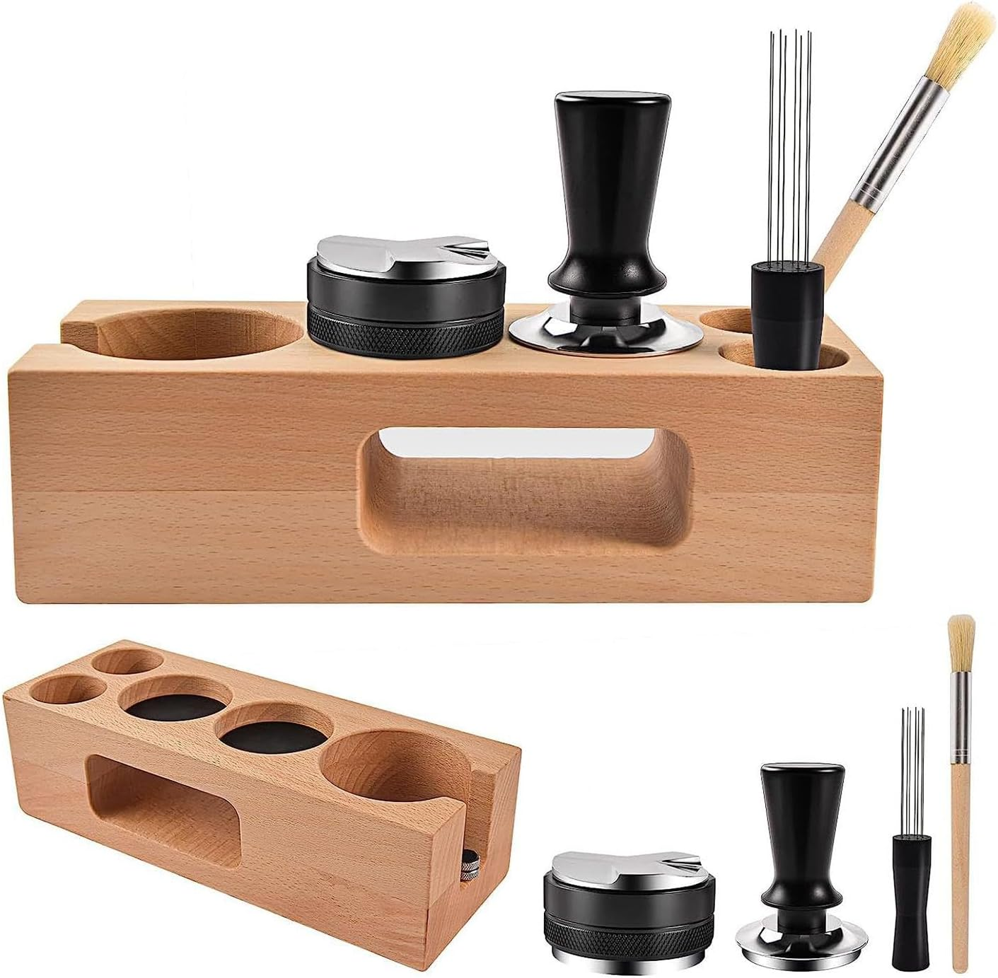 Leefasy Wood Coffee Filter Tamper Holder Kits Espresso Accessories Kits Espresso Tamping Stand Set for Shop Worktop Tearoom Counters Coffee Bar, 54Mm image number 1
