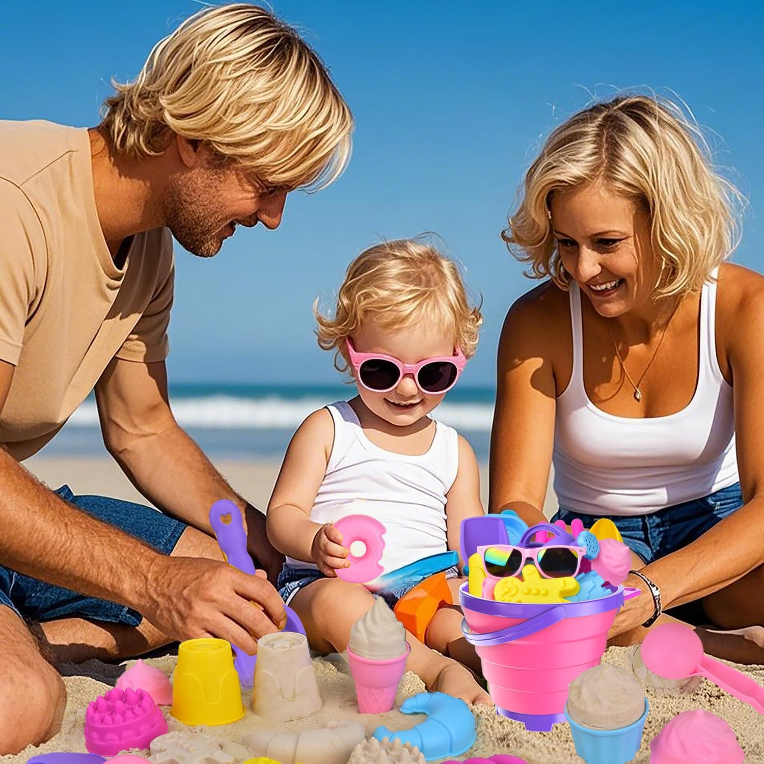 31PCS Beach Toys, Sandbox Toys with Collapsible Sand Bucket, Shovel Set, Ice Cream Cake Molds,Mesh Bag, Summer Water Poor Sea Outdoor Play Travel Toys for Kids Toddlers Boys Girls image number 5