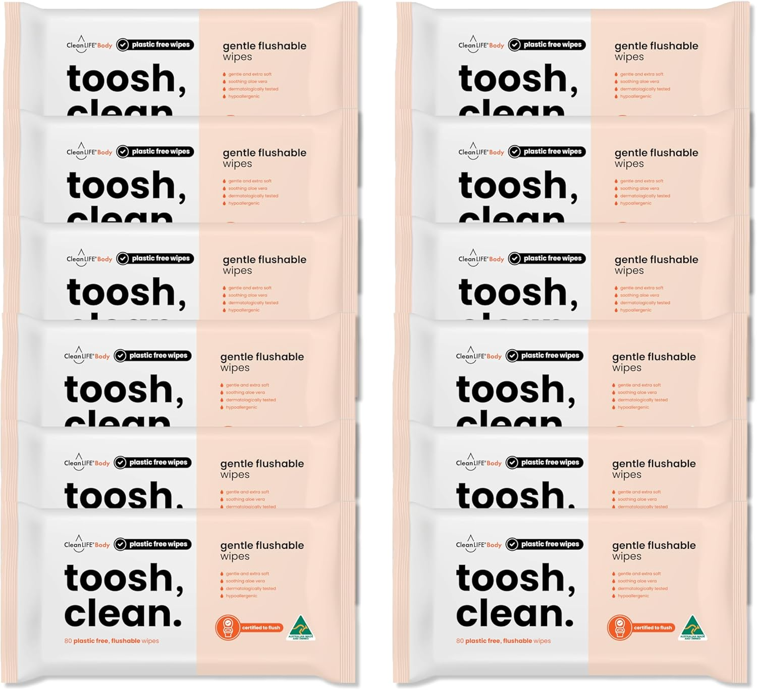 Toosh Clean 80 Flushable Wipes X 12 Packs - Plastic Free, Bio-Degradable, Flushable, Australian Made and Owned image number 2