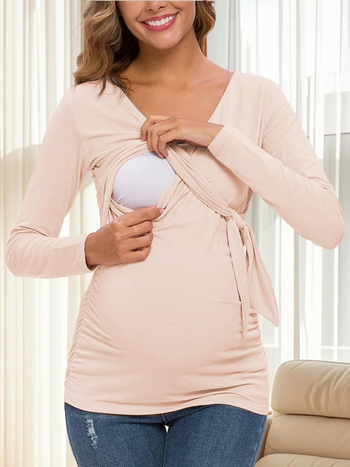 Eztree Womens Maternity Tops Long Sleeve Cinched-Waist Hoodie Pregnancy Clothes image number 2