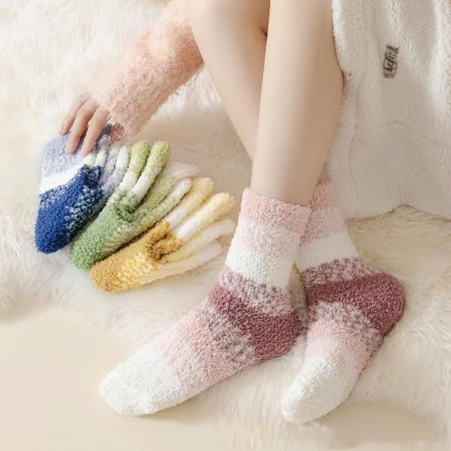 3 Pairs Women'S Fluffy Fuzzy Winter Warm Socks Soft Cozy Plush Slipper Socks for Cold Weather - Grey+Khaki+Navy image number 6