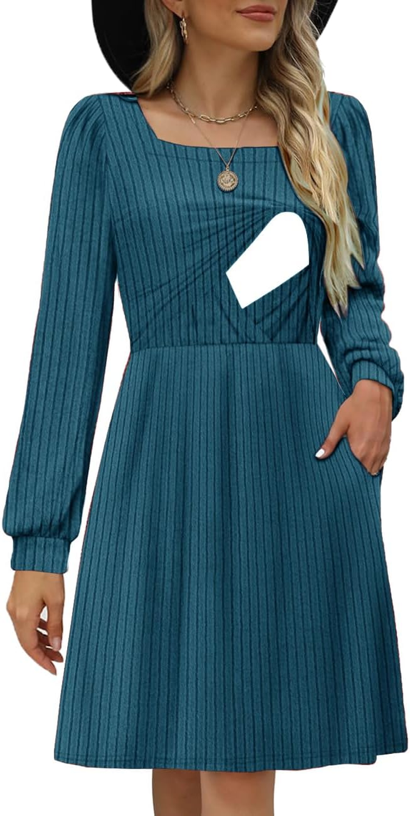 Womens Nursing Fall Dresses Square Neck Long Sleeve Winter Knit Sweater Dress 2024 with Pockets image number 4