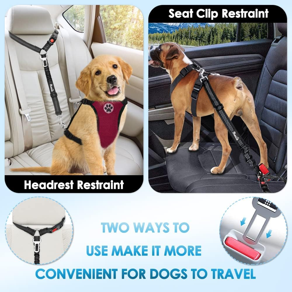 Slowton 2 in 1 Dog Seatbelts for Cars, 2 Pack Pet Car Seat Belt Headrest Restraint Puppy Safety Adjustable Dog Car with Anti-Shock Elastic Bungee Buffer for Vehicles(Black, 2 Pack)