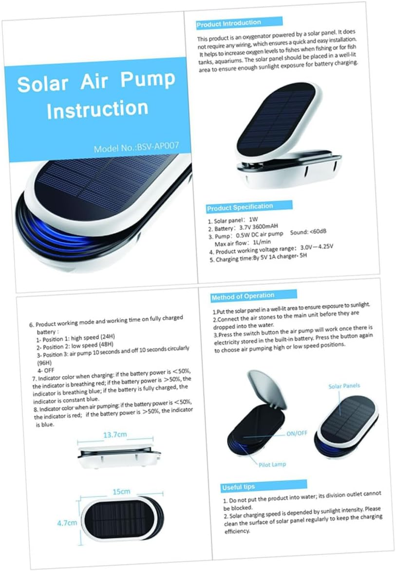 Gadpiparty Solar Powered Aquarium Air Pump with Oxygen Modes Portable Quiet Oxygen Aerator for Fish Tanks Outdoor Fishing Small to Medium Aquariums Fine Workmanship image number 1