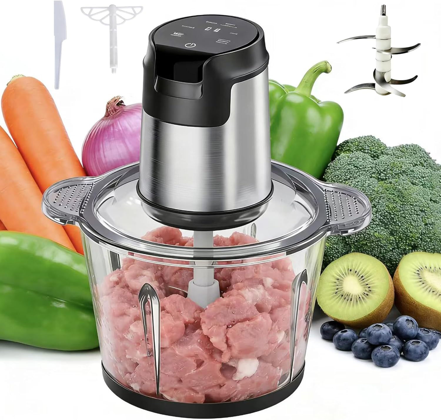 Electric Food Chopper, Touch Control 4 Mixing Modes, Glass Food Processor, 2/3L Capacity, Meat Grinder with Timer & Safety Lock, 500W Power, 4-Blade Stainless Steel Blade, Mixer/Chopper (2L)