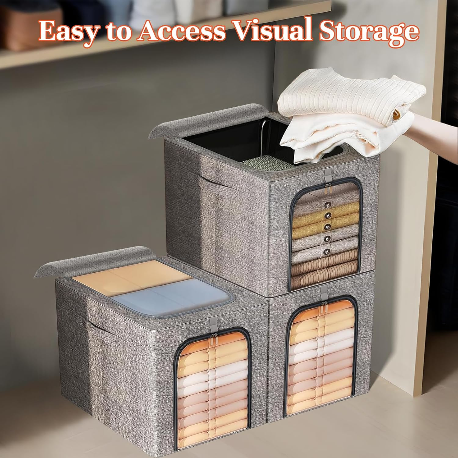 49L Clothes Storage Bags, 3 Pack Foldable Storage Bins Box with Metal Frame, Thick Stackable Closet Organizers Container Set with Handles Clear Window Cotton Linen(Grey)