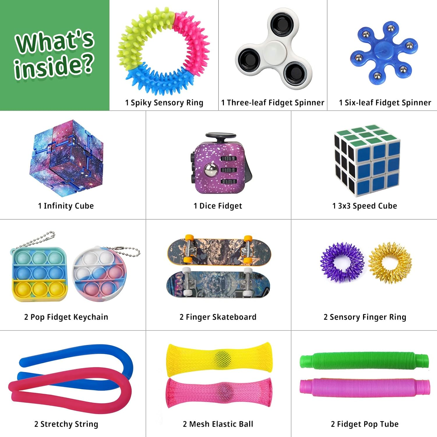 Fidget Toy Pack, Fidget Dice Infinity Speed Cube Spiky Sensory Ring Pop Keychain Finger Spinner Skateboard Toys Finger Toy Party Favors image number 3