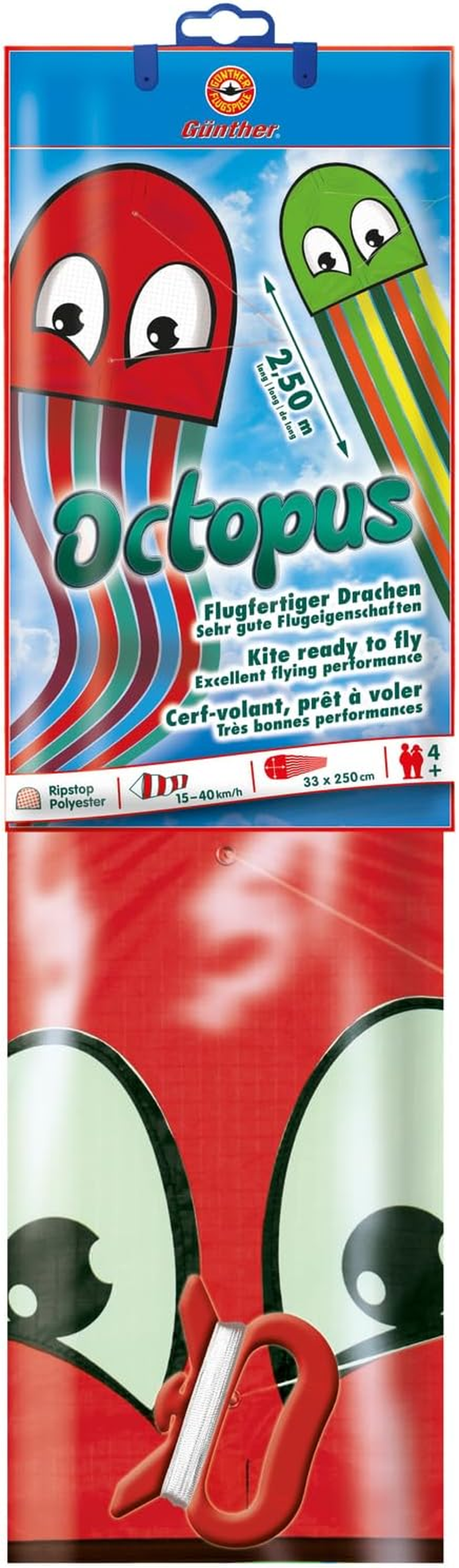 G&uuml;nther Flugspiele Octopus 1163 Single Line Kite, Approx. 250 X 33 Cm, Children'S Kite Made of Robust Polyester, Includes Handle and Cord, Outdoor Toy for Children from 4 Years, in 2 Assorted Colours image number 1
