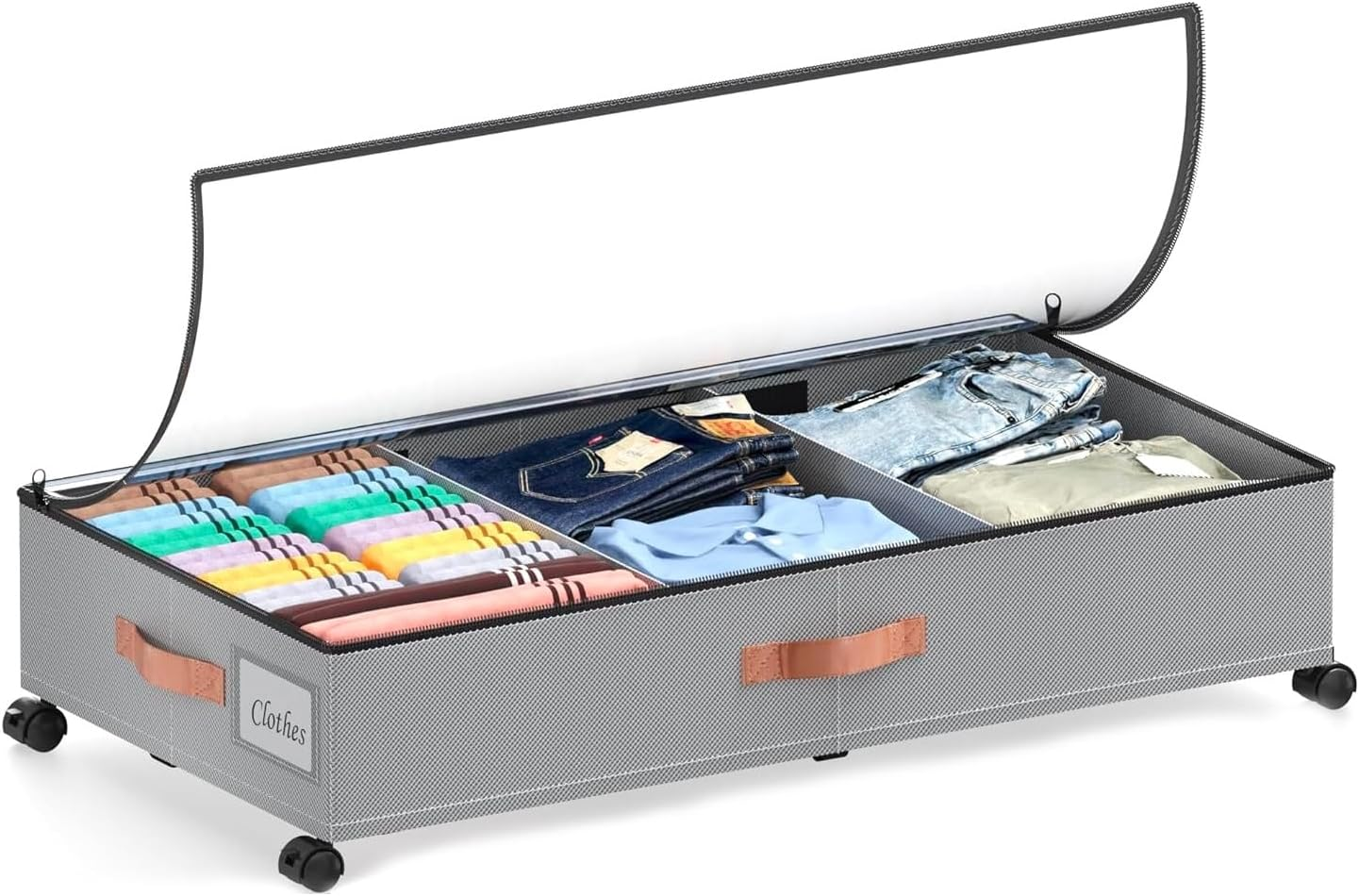 Under Bed Storage Containers with Dividers & Clear Lids, under Bed Storage with Wheels,Which Can Hold Clothes, Shoes, Toys (Black)