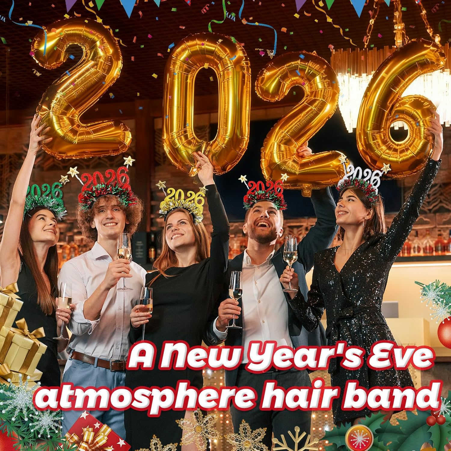 Brateuanoii Pack of 4 2026 Glitter Numbers Headbands, Happy New Year Headband, Headpiece with Glittering Numbers and Garlands, Happy New Year Headband, Christmas Headbands for Women image number 6
