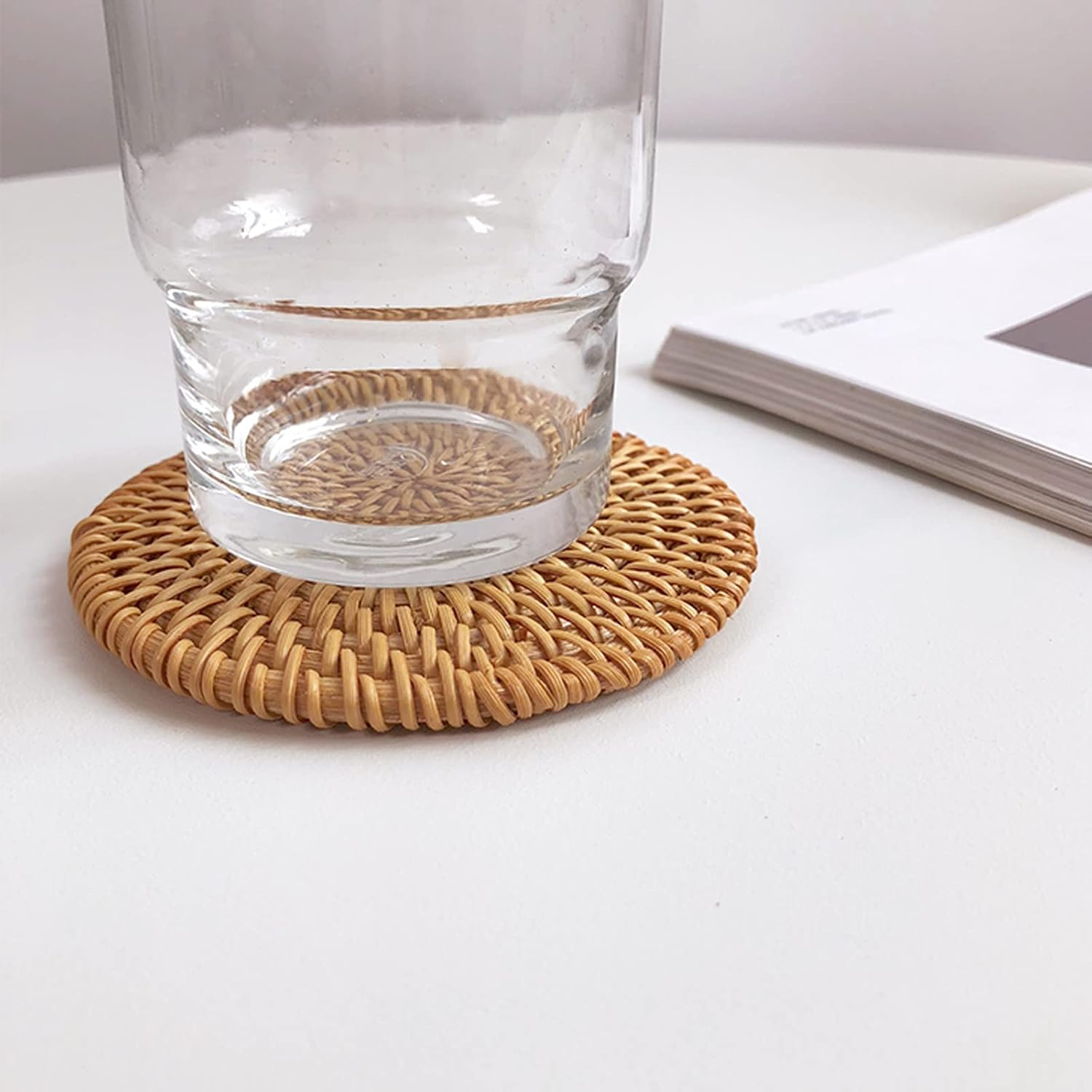 Handmade round Rattan Drink Coaster Set of 6 with Holder-4" in Diameter-Rustic Style to Dinning Room or Living Room image number 5