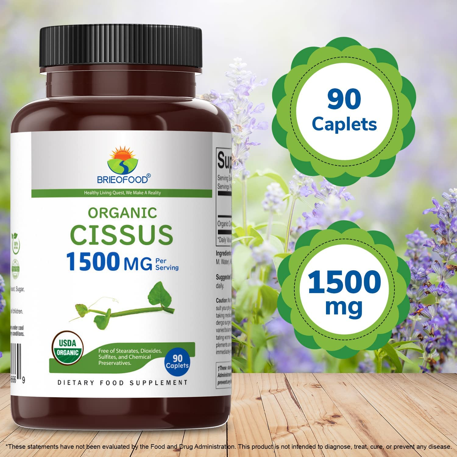 Brieofood Organic Cissus1500Mg, 45 Servings, Vegetarian, Gluten Free, 90 Vegetarian Tablets image number 3