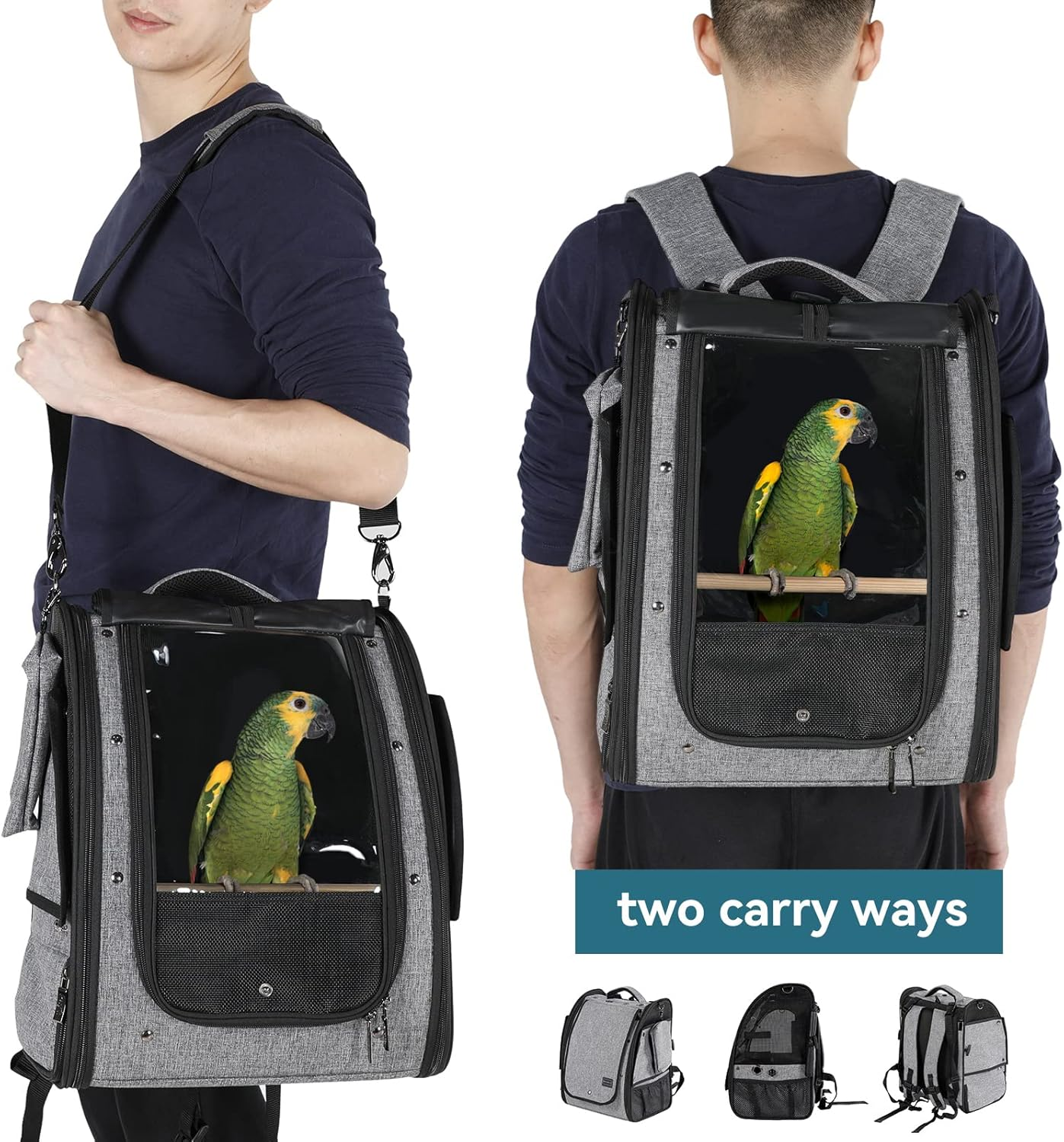 Petsfit Bird Carrier Medium Size with Stainless Steel Bowl, Parrot Backpack Includes Slide Tray for Easy Cleaning, 13" X 10" X 16" - Grey A image number 4