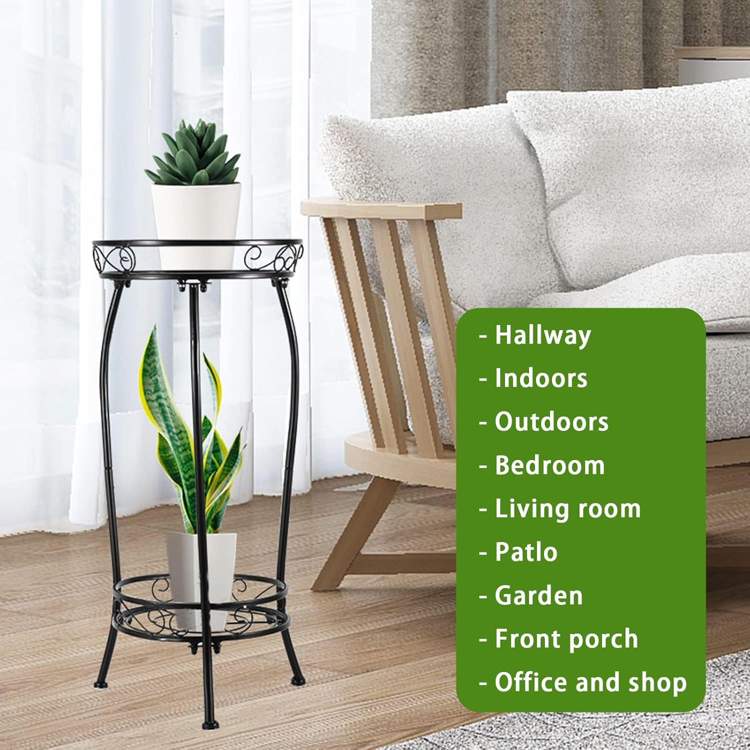 2-Tier Plant Stand, Tall Black Metal Plant Rack for Indoor & Outdoor, Rustproof and Stable Flower Pot Holder, Heavy Duty 69Cm Shelf for Multiple Plants image number 5