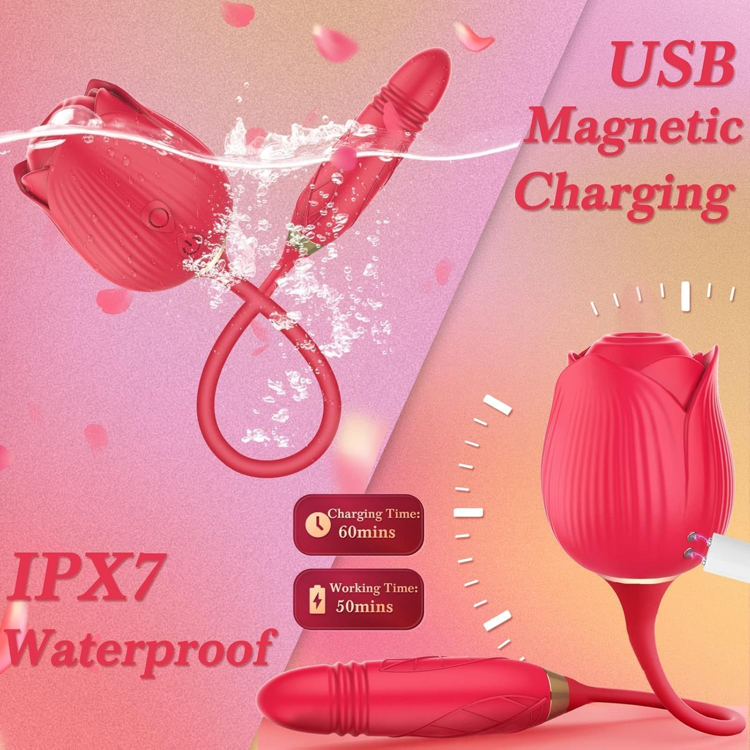 Vibrator Adult Sex Toys for Women - Riotor 2IN1 Flapping Vibrator Rose Sucking Toy, 9 Tappling & Sucking Portable Toys, Anal G Spot Clitoral Nipple Stimulator Vibrators, Adult Female Couples Sex Toys Games (Rose) image number 2