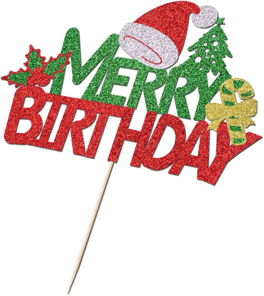 Merry Birthday Cake Topper,New Year Christmas Holiday Party Supplies,Red & Green Glitter Christmas Cake Decorations，Winter Holiday Cake Picks-Christmas Birthday Party Supplies(Birthday 2) - Birthday 2 image number 3