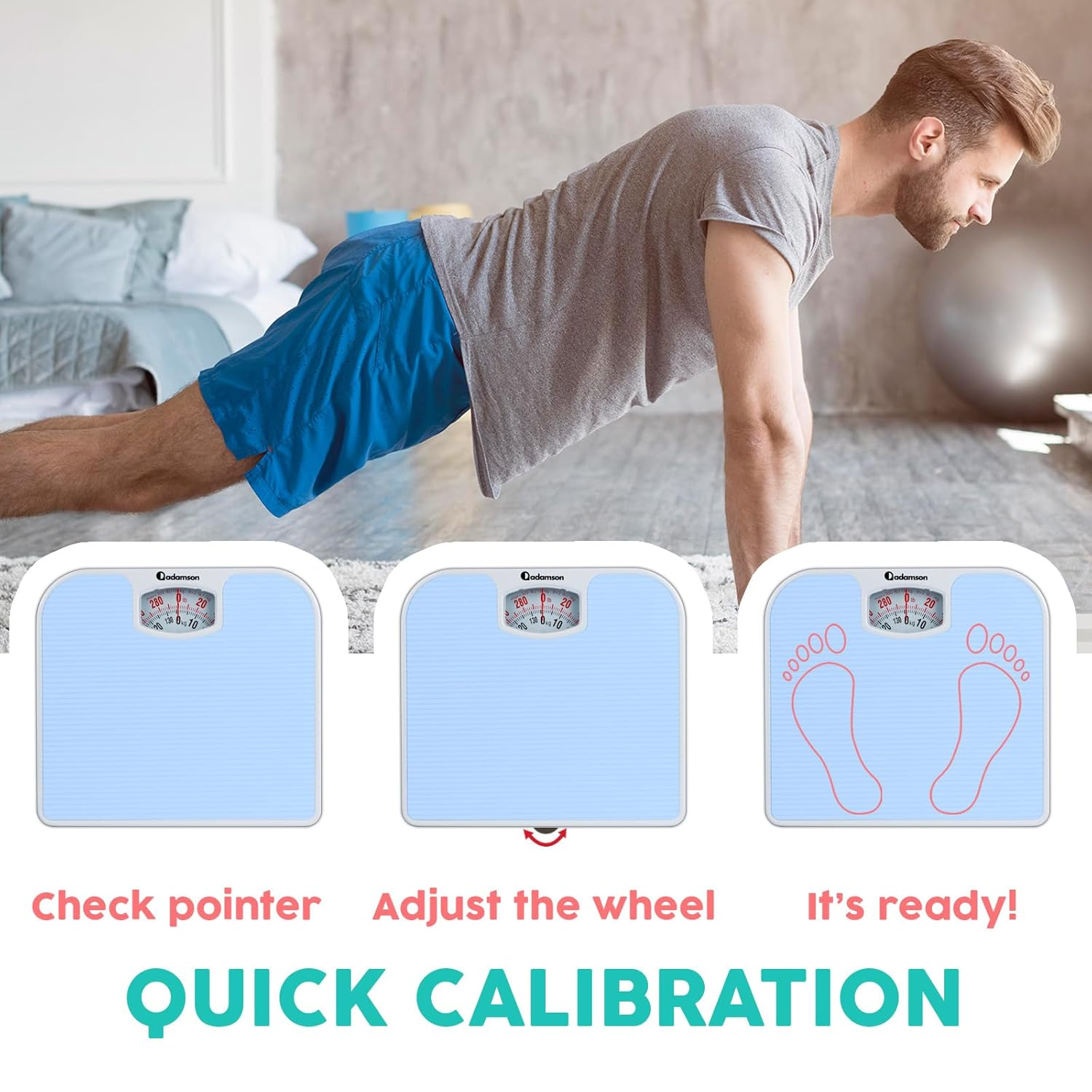 Adamson A21 Analog Scales for Body Weight - up to 300 LB - New Version - Anti-Skid Rubber Surface + Large Numbers - Analog Bathroom Scale - Affordable - Durable with 20-Year Assurance - Light Blue image number 2