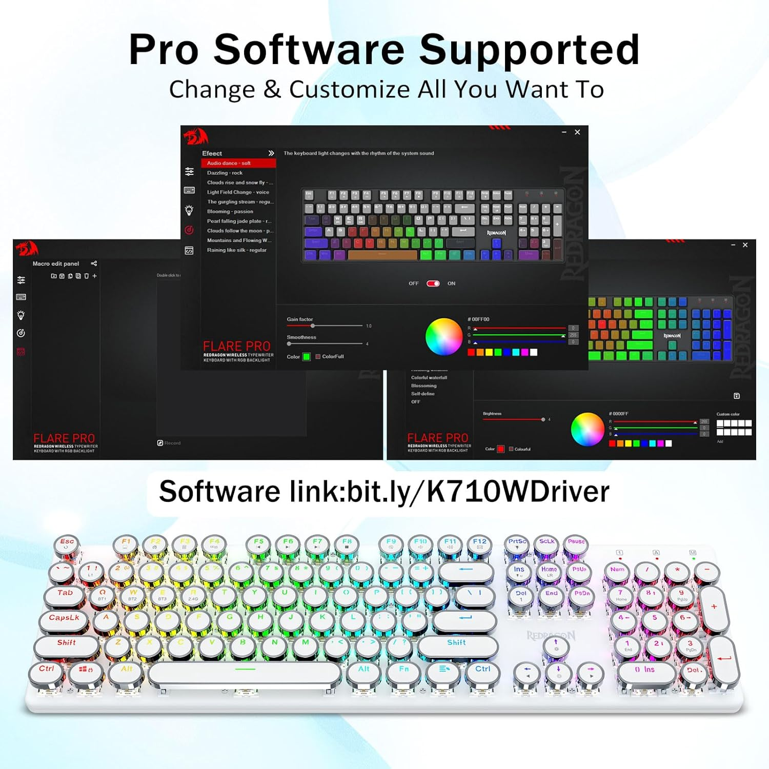 Redragon K710 Wireless Typewriter Style Mechanical Gaming Keyboard, Bluetooth/2.4Ghz/Wired, RGB Backlit, Rechargeable, Blue Switch - Clicky, Metal Panel, round Keycaps, White image number 5