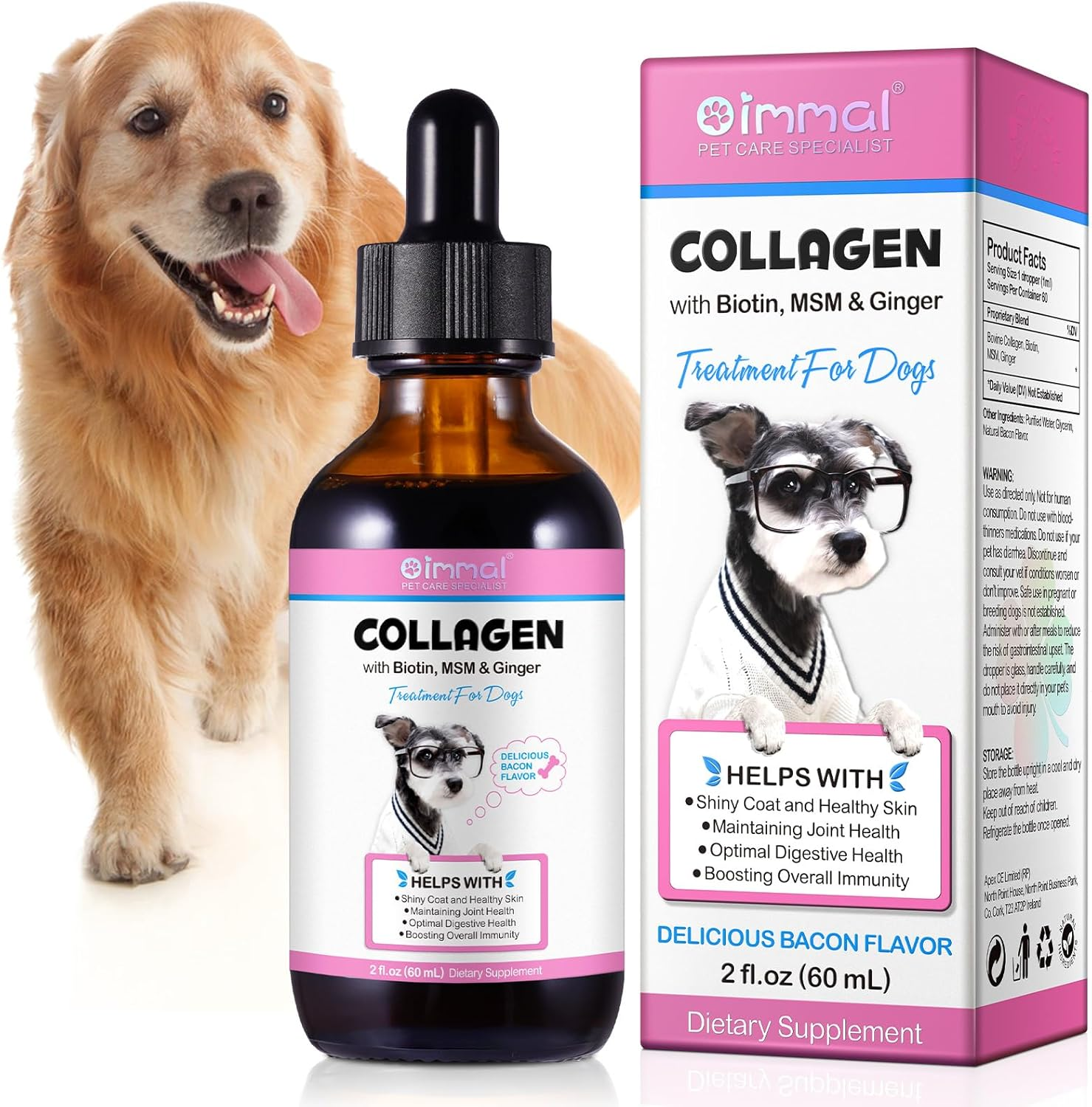 Collagen for Dogs, Liquid Collagen for Dog, Skin & Coat Supplement for Dogs, Bacon Flavor, with Biotin, MSM & Ginger, 2 Fl.Oz image number 2