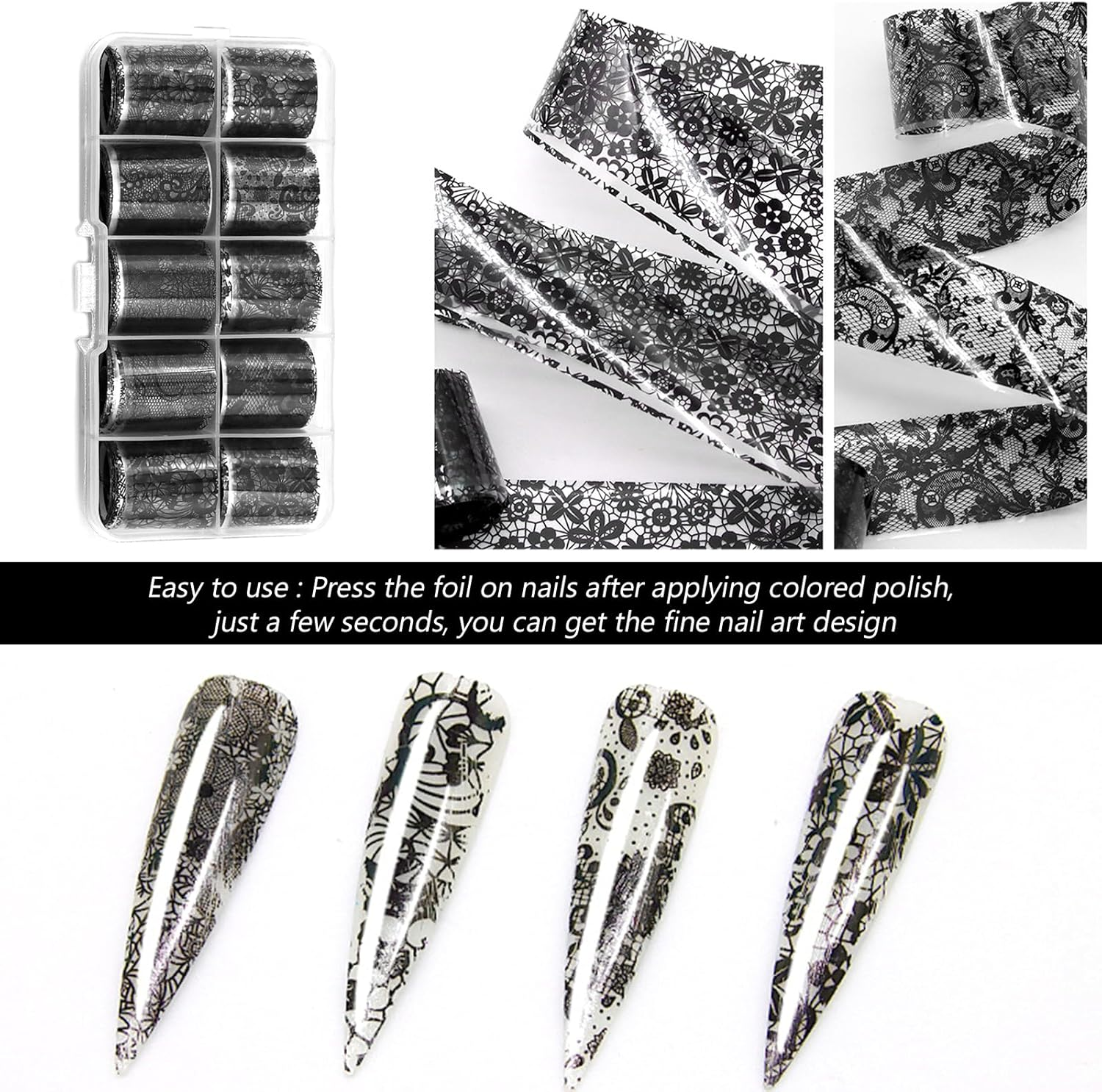 Xlihdzum 20 Rolls Nail Foil Transfer Stickers Lace Foils Black White Flower Foils - Nail Art Stickers Nail Supplies Nail Stickers for Nail Art for Women Nail Decorations DIY Arts Manicure (Style1) image number 2