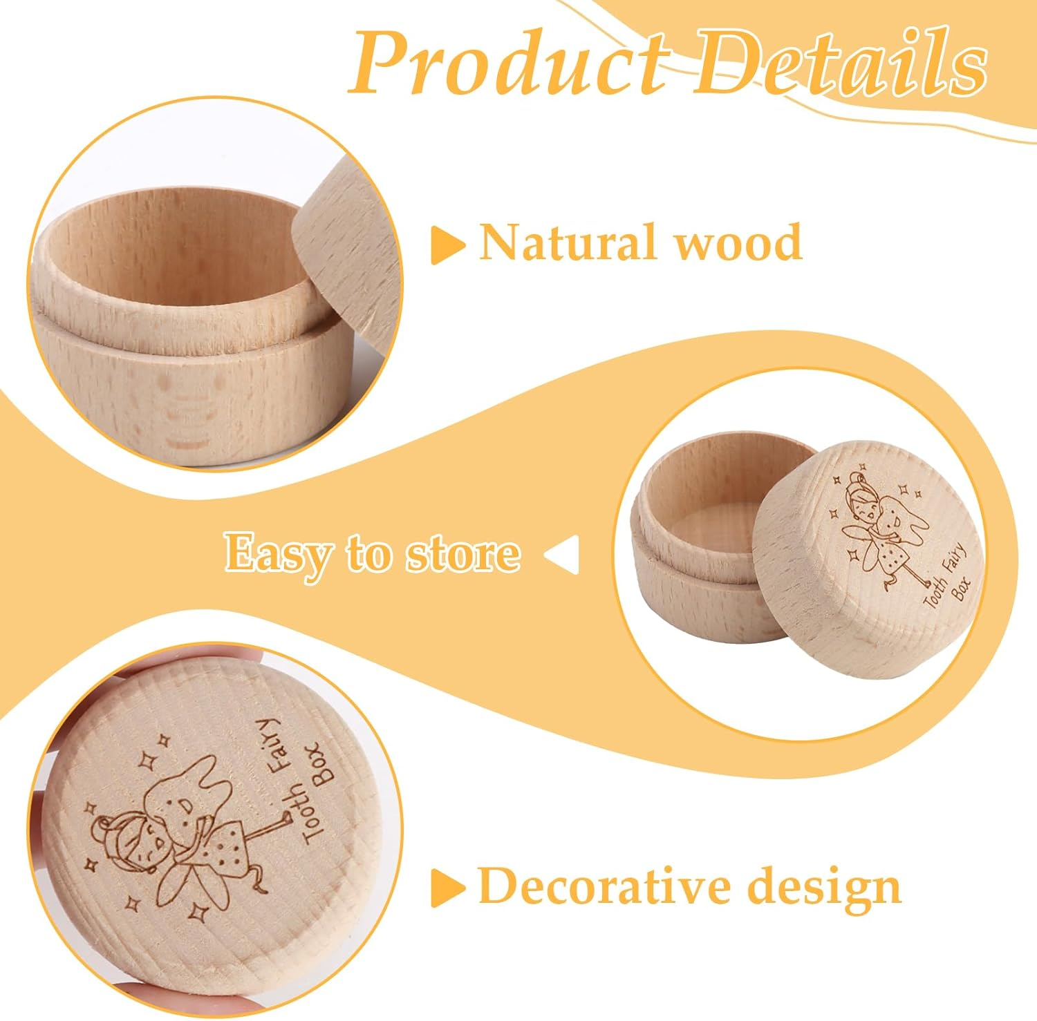 Round Wooden Tooth Box Keepsake Organizer, Mini Cute Collect Lost Tooth Souvenir Storage Box, Tooth Fairy Cases for Birthday Baby Shower, Kids Gift image number 4