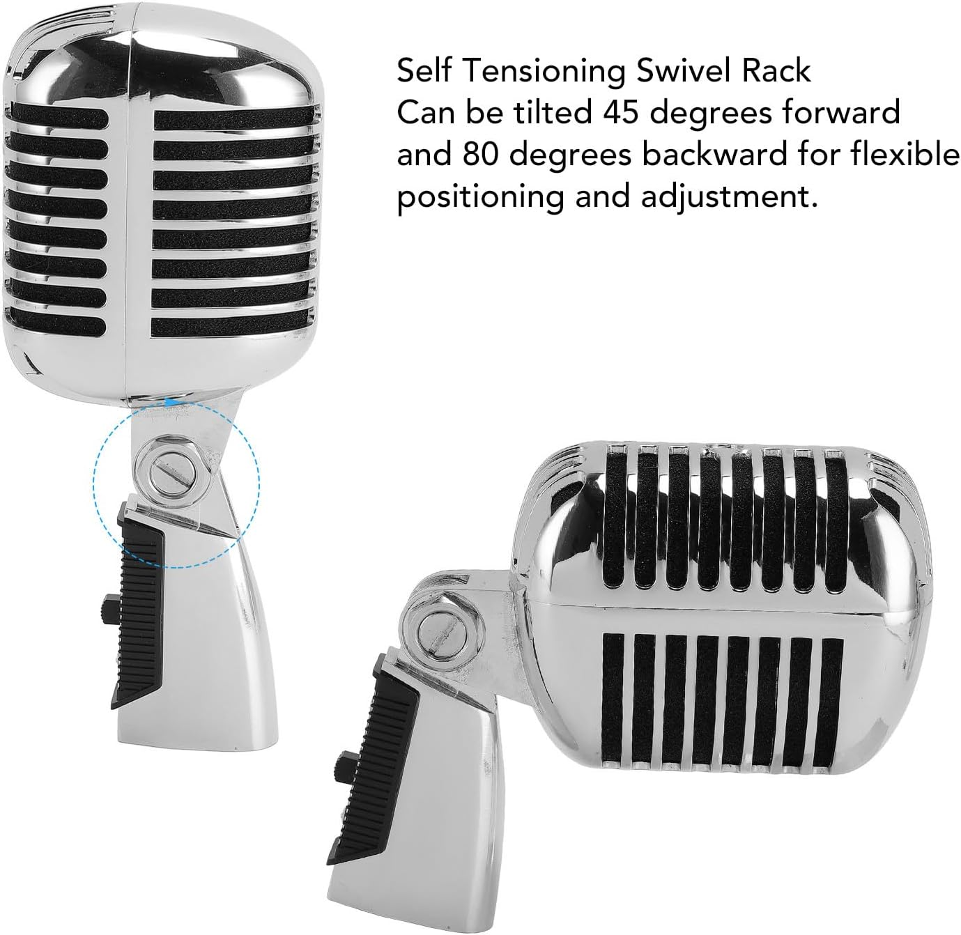Classic Retro Dynamic Vocal Microphone, Old Vintage Style Cardioid Directional Mic with Self Tensioning Swivel Rack, for Live Performance Studio Recording (Silver) image number 5