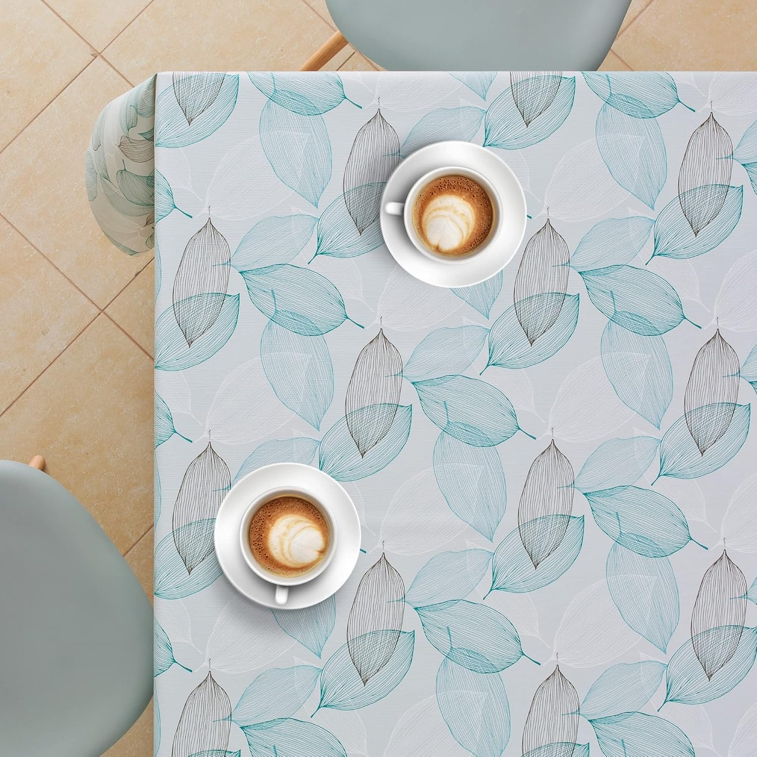 KP HOME Modern PVC Table Cloth Wipe Clean Tablecloth Grey and Teal Leaves Pattern Plastic Table Cover - Wipeable Table Cloth Rectangle PVC Table Cloth 200 X 140 Cm Botanic Leaf Design Ocean Blue image number 2