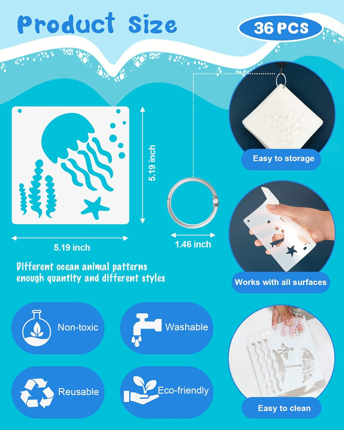 Vomika 36PCS Reusable Ocean Creatures Stencils, Sea Animal PET Template, DIY Craft Paint Stencil with Metal Open Ring, for Painting on Floor Wall Wood Paper Fabric Furniture, 5.1X5.1 Inches image number 6