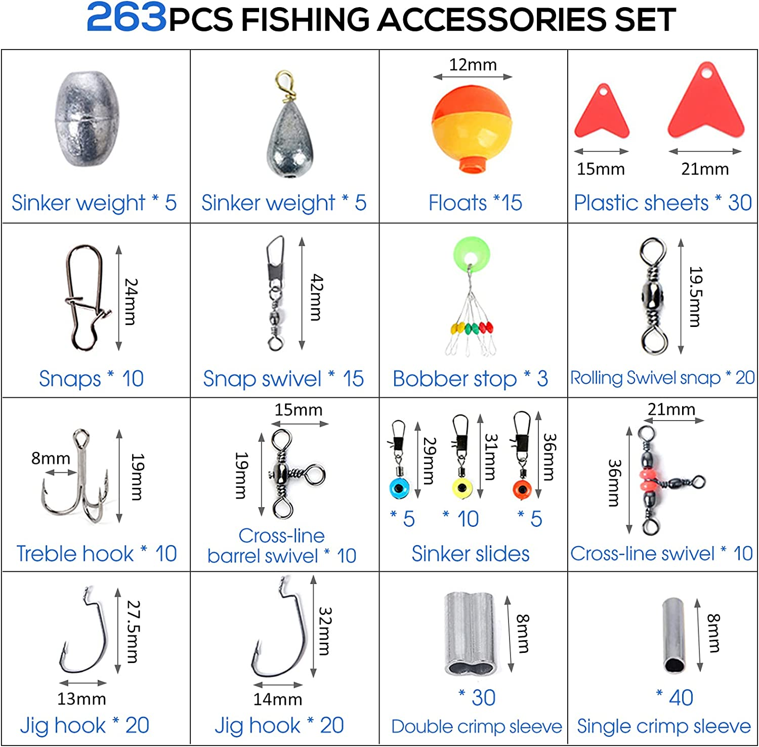 Eacam 263Pcs Fishing Accessories Kits with Tackle Box Saltwater Freshwater Including Jig Hooks, Cross Barrel Swivel, Barrel Snap Swivel, Sinker Slides, Lead Sinker, Treble Hooks