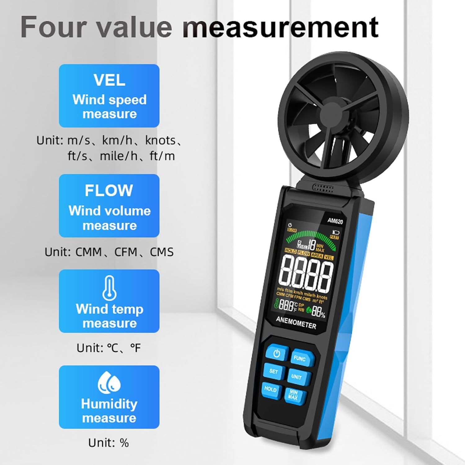 Digital Anemometer with Eight Blades and Sensor ABS Air Velocity Meter 180&deg; Rotating Fan with Backlit Screen for Wind Energy Meteorology image number 1