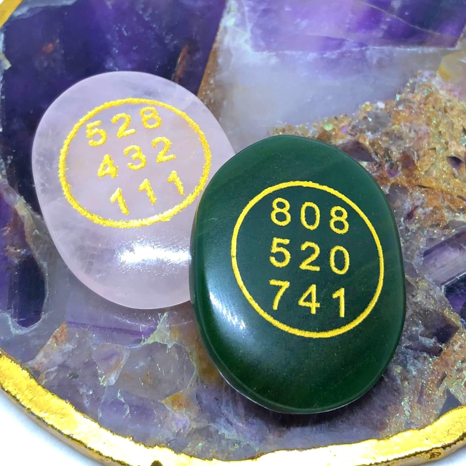 Combo of Green Jade and Rose Quartz Stone Zibu Coin - Pre-Energized Money Switch Word and Zibu Symbol Angelic Number Oval Stones Coin - Golden Engraving - Anxiety Stone - Worry Stone - Palm Size image number 2